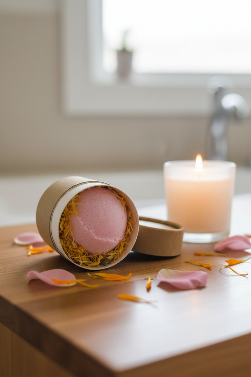 Frankincense and Rose bath bomb, handmade and natural
Luxury / Spa vibe:
Luxury Frankincense and Rose bath bomb with essential oils for relaxation
Action / in-bath:
Frankincense and Rose bath bomb fizzing in bath water with bubbles
Natural / Vegan focus:
Vegan and chemical-free Frankincense and Rose bath bomb with natural ingredients
Gift / packaging style:
Frankincense and Rose bath bomb in eco-friendly packaging, perfect gift